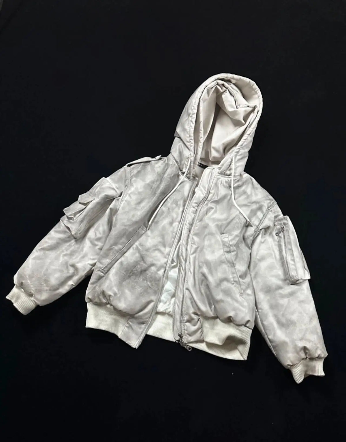 new arrival vintage heavyweight dirty grey double layer hooded leather jacket with multiple pockets zipper design cotton jacket clean everyday pants