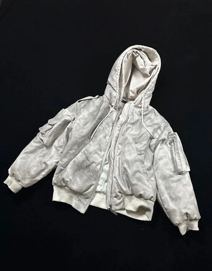 new arrival vintage heavyweight dirty grey double layer hooded leather jacket with multiple pockets zipper design cotton jacket clean everyday pants