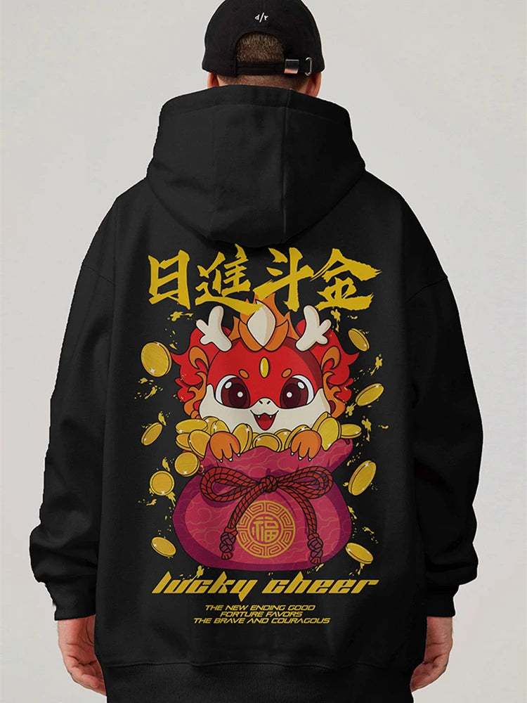 Lucky Cheer Dragon Printed Hoody Man Y2K Streetwear Clothes Fleece Hip Hop Loose Fashion Pullover Sweatshirts Graphic Hoody Street King Limited