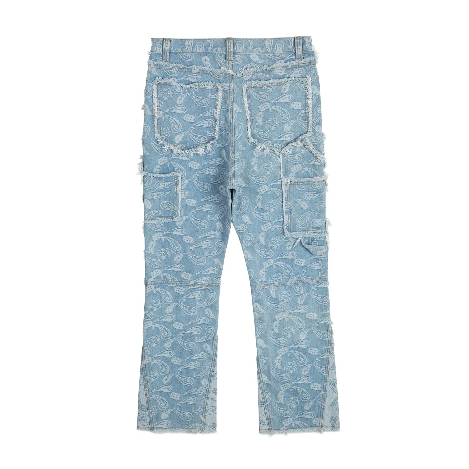 vintage high street washed light blue flared jeans cashew flower jacquard pattern rough edge jeans pants for men and women stacked flare jeans