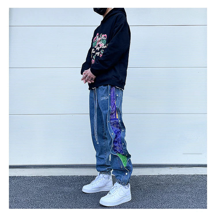 washed distressed denim sweatpant cashew flower patchwork oversized splice buckle jogging jeans casual button baggy men clothing unique joggers style 3346