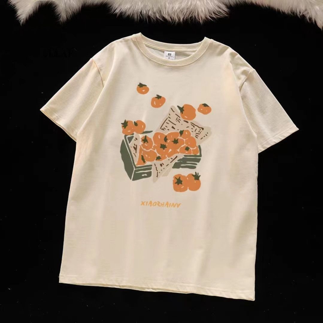 American summer trend orange print graphic T-shirt retro men and women loose fitting couple casual short sleeved top harajuku Street King Limited
