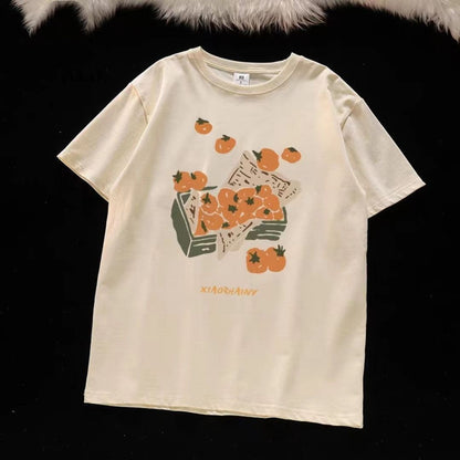 American summer trend orange print graphic T-shirt retro men and women loose fitting couple casual short sleeved top harajuku Street King Limited
