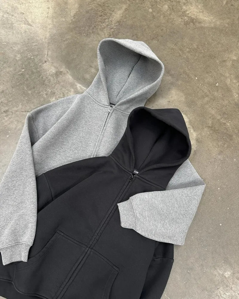 American High Street Fashion Casual Hoodie Men Y2k Harajuku Retro Solid Color Zipper Sweatshirt Loose Oversized Coat Women Street King Limited