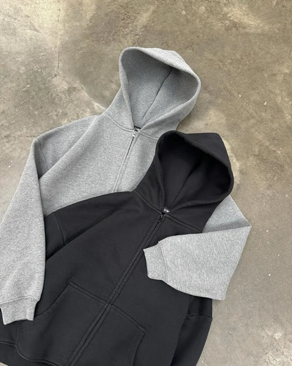 American High Street Fashion Casual Hoodie Men Y2k Harajuku Retro Solid Color Zipper Sweatshirt Loose Oversized Coat Women Street King Limited