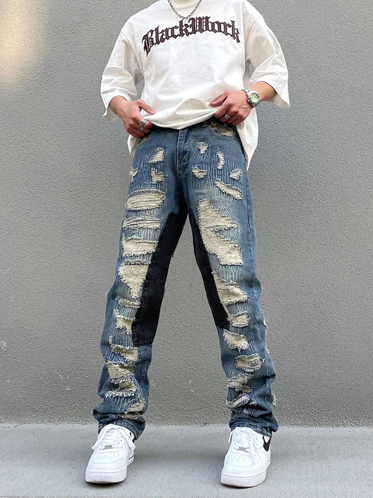 destroy ripped scratched patchwork denim jeans mens casual straight biker zipper trousers streetwear hip hop jean pants joggers unique joggers style 2891