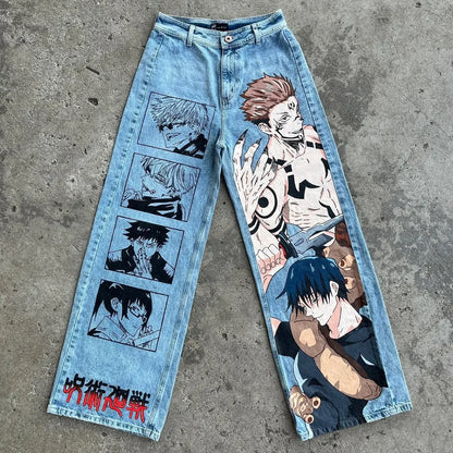 harajuku many ghost faces print y2k men s jeans popular anime baggy jeans wide leg pants streetwear trouser men clothing unique jeans style 4506