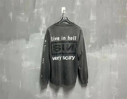 Summer Retro Vintage SIN Print High-Street Distressed Worn Cotton Casual Loose Long Sleeve T-Shirt Pullover Street King Limited