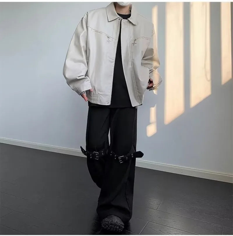 retro motorcycle pu leather jacket mens high street punk zipper decoration loose coats unisex hip hop fashion outwear spring unique default style 2041