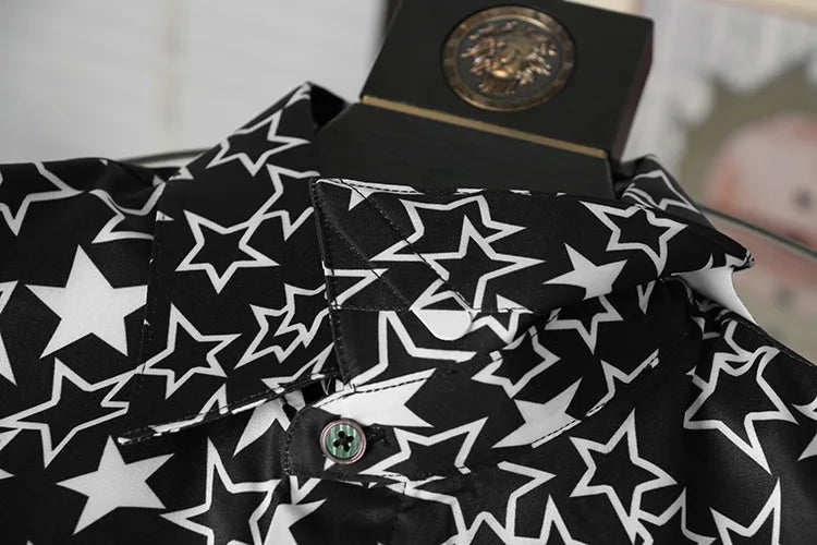 New 2022 Men 3D luxurious Classic Black White Star Print Fashion Silk Casual Shirts Shirt high Pocket Long-sleeves S 2XL #D276 Street King Limited