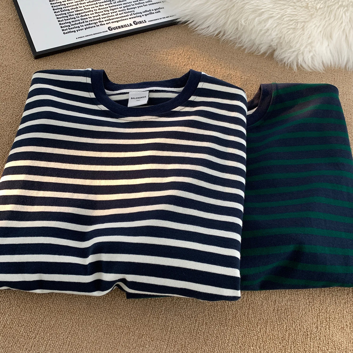 Japanese Striped Contrasting Color Short-Sleeved T-Shirt Men's Summer Pure Cotton 280g Heavy Loose Half-Sleeved T-Shirt Street King Limited