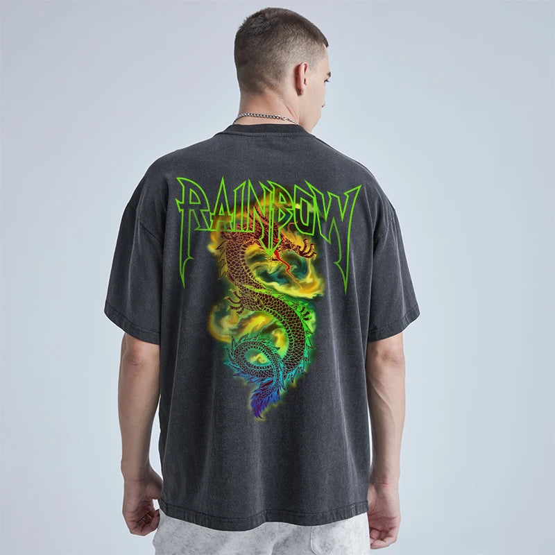 Rainbowtouches Washed Men's T Shirt Vintage Oversized Unisex Dragon Print Design High Street Graphic Fashion Loose Mens T Shirts Street King Limited