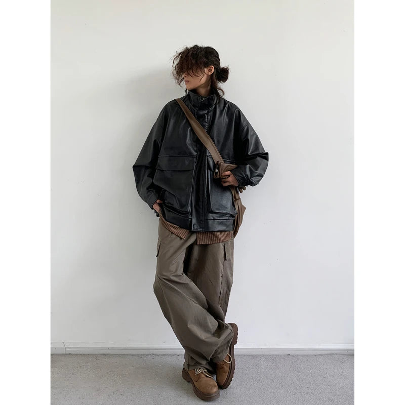 japanese spring pu leather jacket mens high street black profile tooling pilot jacket loose standing collar motorcycle outwear relaxed fit trousers