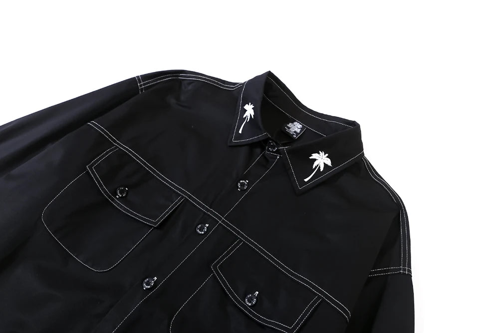 Trees Print On the Neck Black Long Sleeve Shirts for Men High Street Baggy Y2k Camisas Oversized Harajuku Casual Clothing Street King Limited