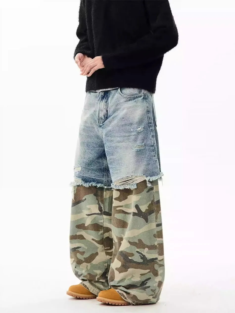 Camouflage Patchwork Jeans Mens Fake Two Items Street Punk Unisex Denim Pants Multiple Pockets Blue Size S-3XL Cowboy Trousers Street King Limited