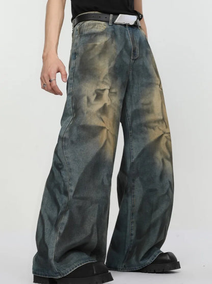 2 pieces sets mens fashion dirty graffiti wide shouder denim jeans jacket coat and wide legs pants joggers new streetwear sets relaxed fit joggers