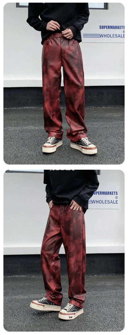 men streetwear fashion hip hop punk gothic vibe casual straight leather pant man y2k trousers motorcycle pants stage clothing unique default style 2306