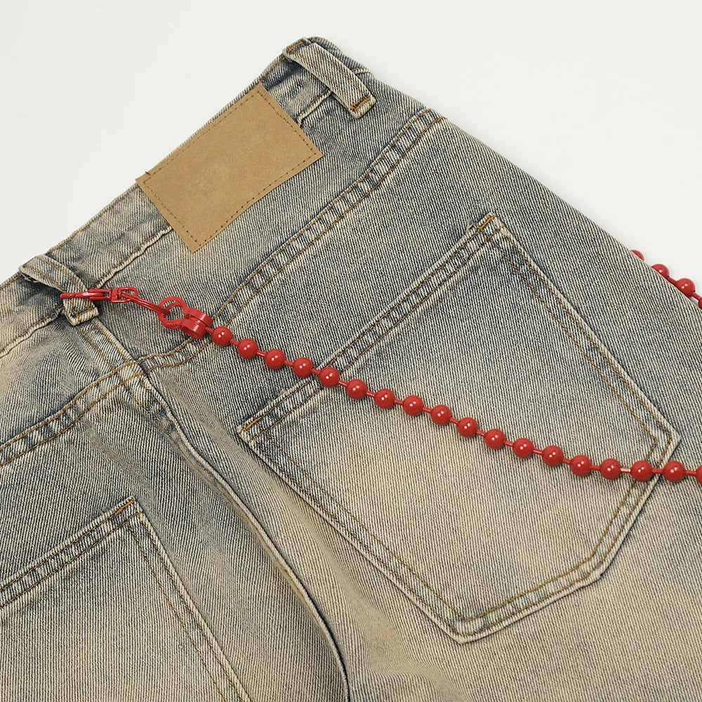 red chain pendant washed vintage jeans men women streetwear fashion hip hop loose casual wide leg denim jeans pants trousers urban skinny jeans