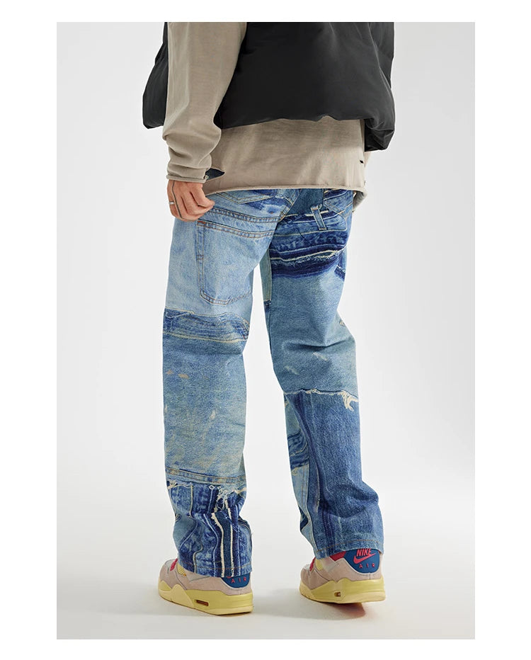 fashion fake patchwork printed denim jeans mens new casual zipper straight loose jeans streetwear hip hop baggy pants joggers unique joggers style 1412