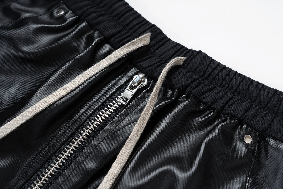 ro style matte pu leather pants for men high street y2k pantalones hombre baggy overall wide leg drawstring cargo pants unique cargo style 5471