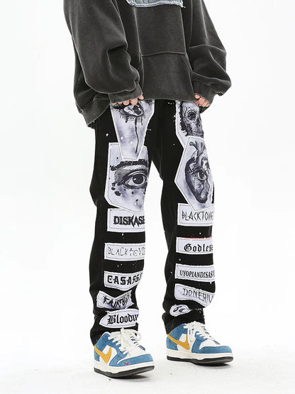 fashion skull graffiti patchwork denim jeans mens zipper jeans hip hop streetwear casual harajuku straight joggers jeans pants streetwear sweatpants