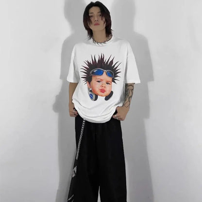 Korean pure cotton printed short-sleeved T-shirt for men and women creative angel hip-hop street Y2K loose half sleeved top Street King Limited