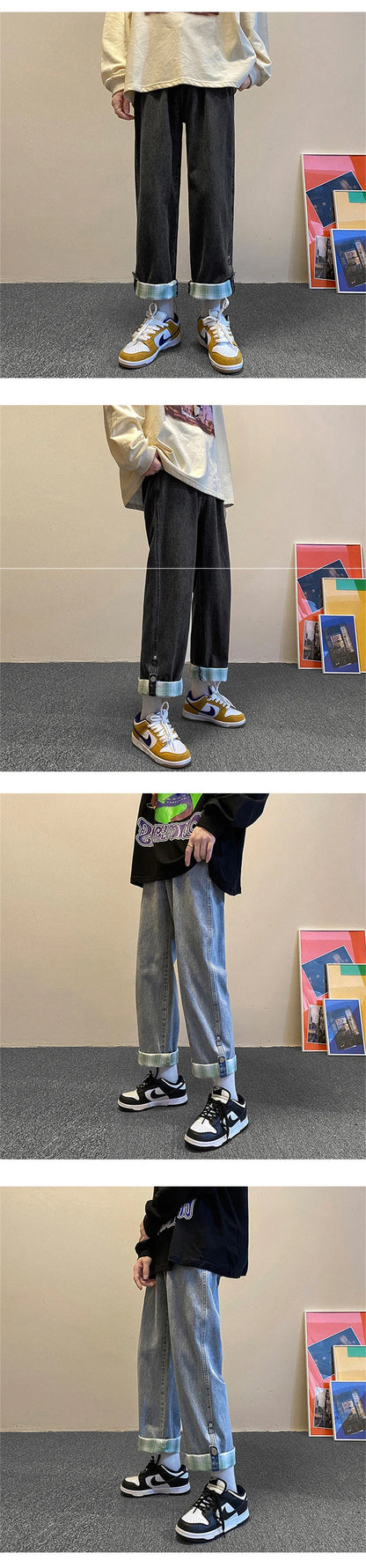 autumn plaid cuffs wide leg jeans for men high street fashion straight denim pants mujer elastic y2k baggy blue jean trousers unique jeans style 834
