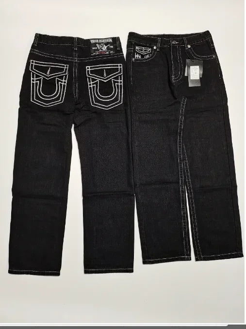 true faith embroidered jeans vintage street gothic loose casual denim hip hop red trousers couples baggy pants y2k clothes unique jeans style 3929