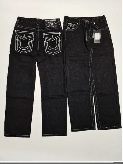 true faith embroidered jeans vintage street gothic loose casual denim hip hop red trousers couples baggy pants y2k clothes unique jeans style 3929