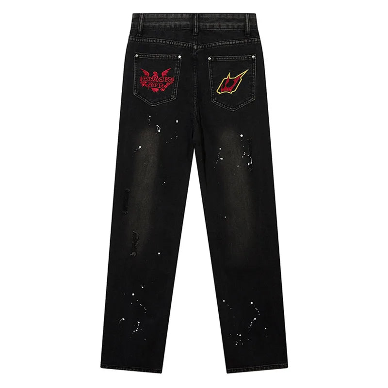 Men Jeans Trend  Hip Hop Long Pants Fashion Washed Monogram Embroidery Denim Trousers Straight Casual Loose Pants New Streetwear Street King Limited