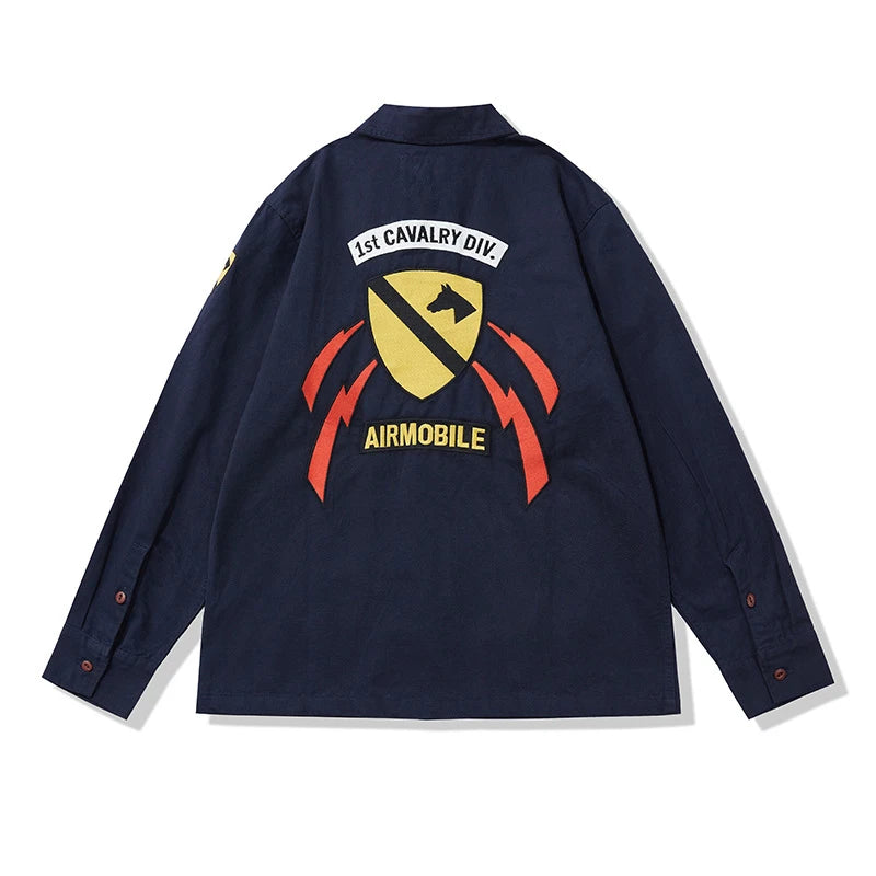 Amekaji Vintage Embroidered Long Sleeve Tooling Shirt Men Spring Autumn New Workwear Lapel Multi-pocket Cargo Shirt Cardigan Top Street King Limited