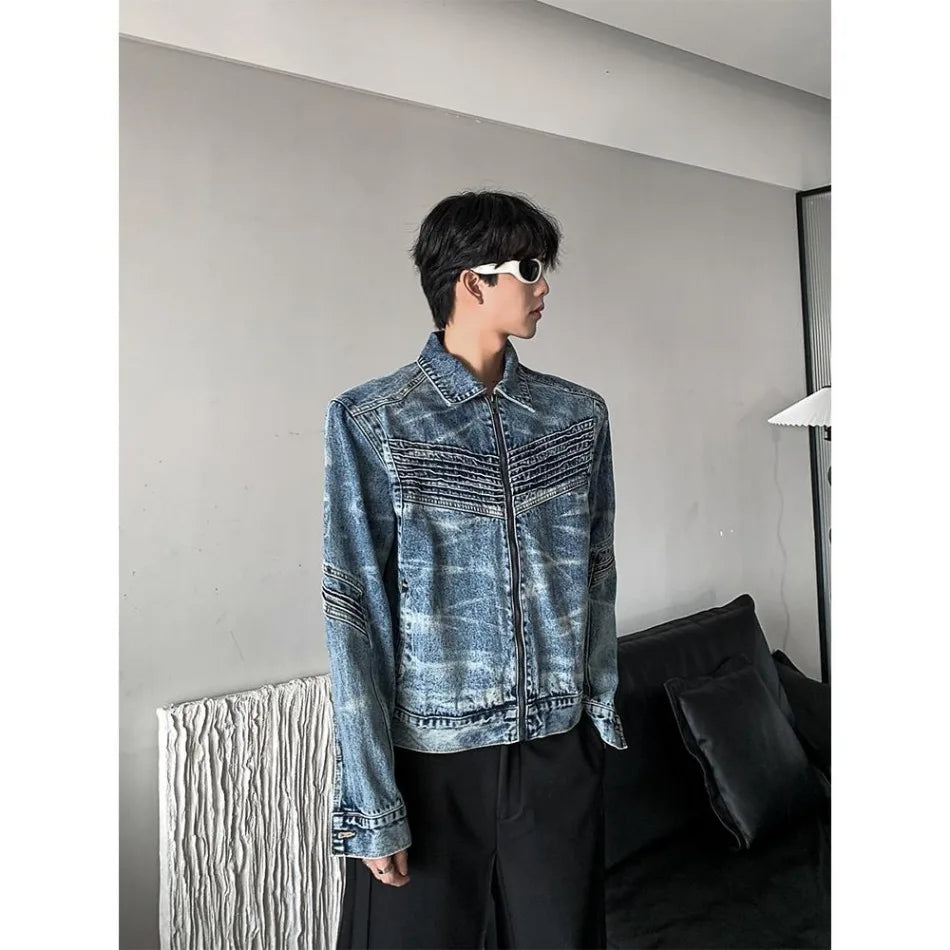 vintage washed mens denim jacket heavy weight high street contour pleat design cowboy coats short motorcycle hip hop outwear unique jeans style 3693