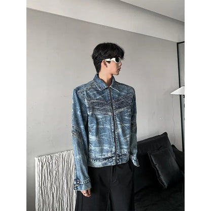 vintage washed mens denim jacket heavy weight high street contour pleat design cowboy coats short motorcycle hip hop outwear unique jeans style 3693