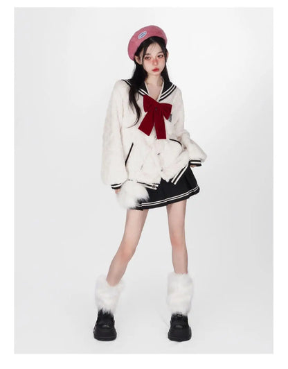 Harajuku Sweet Thicknecked Bow College Coat Woman Zip Up Hoodie Sailor Suit Plush Hoodies Women 2023 Streetwear Goth Y2k Clothes Street King Limited