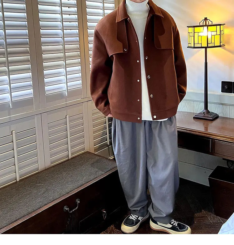 Winter Short Woolen Coat Men Warm Retro Thickened Woolen Jacket Men Streetwear Korean Loose Woolen Coat Mens Oversized Overcoat Street King Limited