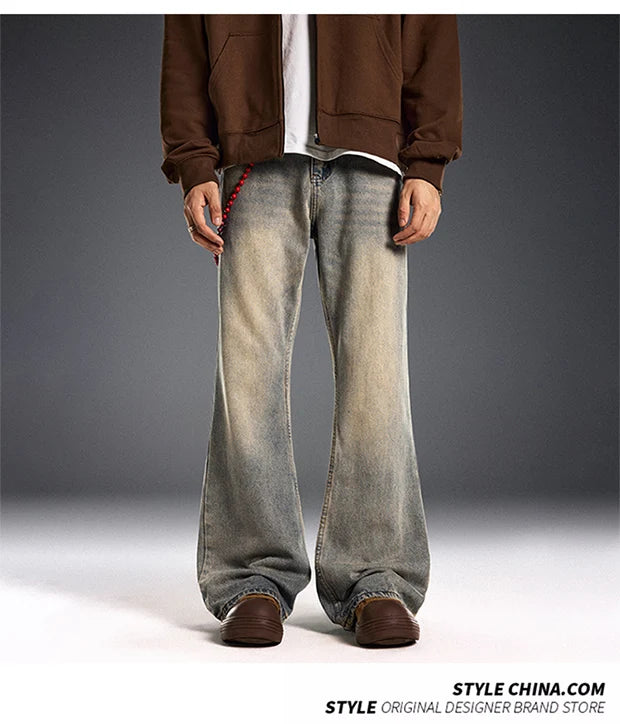 red chain pendant washed vintage jeans men women streetwear fashion hip hop loose casual wide leg denim jeans pants trousers unique jeans style 1432