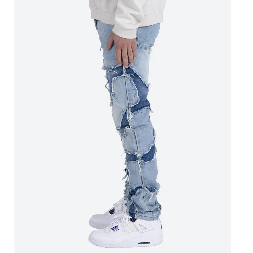 high street vibe style patchwork frayed jeans pants for men retro washed hole ripped casual loose denim trousers oversized 1 stacked flare jeans