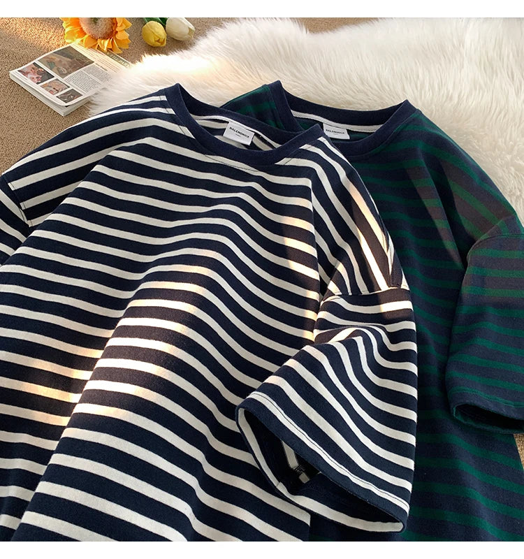 Japanese Striped Contrasting Color Short-Sleeved T-Shirt Men's Summer Pure Cotton 280g Heavy Loose Half-Sleeved T-Shirt Street King Limited
