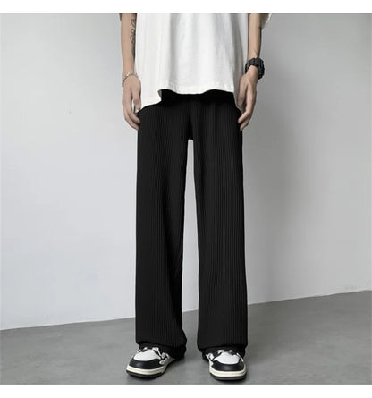 summer texture straight pants for men korean fashion baggy wide leg trousers casual drape pleated striped y2k pantalones hombre unique default style 496