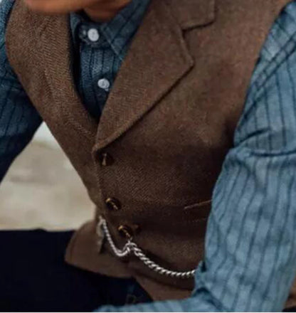 Business Mens Suit Vest Lapel V Neck Wool Herringbone Casual Brown Waistcoat Casual Formal Groomsman Jacket For Wedding Street King Limited