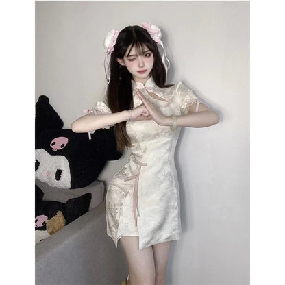 Vintage Chinese Style Cheongsam High Split Mini Dress 2024 Tie Dye Gothic Women Aesthetic Bandage Dresses Y2k Sexy Bodycon Robe Street King Limited