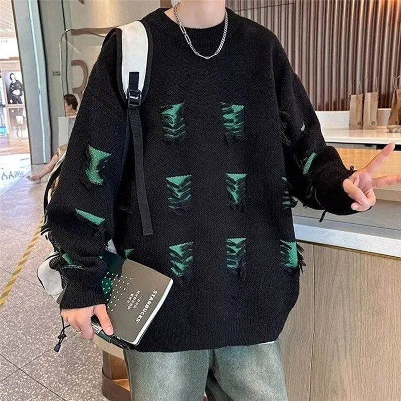 2025 New Ripped Design Crewneck Sweater For Men High Street Patchwork Knitted Jumpers Y2K Vintage Christmas Knitwear Pullovers Street King Limited