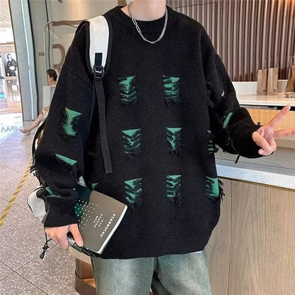 2025 New Ripped Design Crewneck Sweater For Men High Street Patchwork Knitted Jumpers Y2K Vintage Christmas Knitwear Pullovers Street King Limited