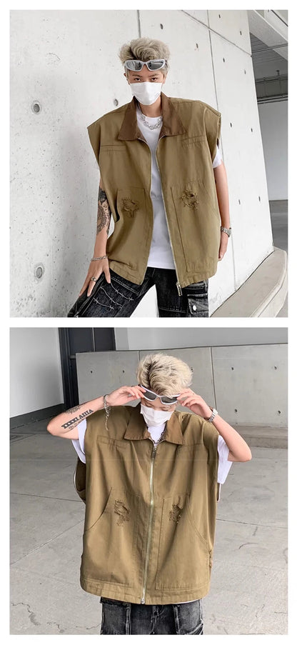 autumn mens zipper sleeveless denim jackets outwear streetwear khaki cargo vest coats 2024 new hip hop fashion working clothes unique cargo style 8