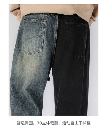 men streetwear fashion black blue splice hip hop loose casual wide leg straight baggy jeans pant cityboy jeans pants trousers unique jeans style 2521