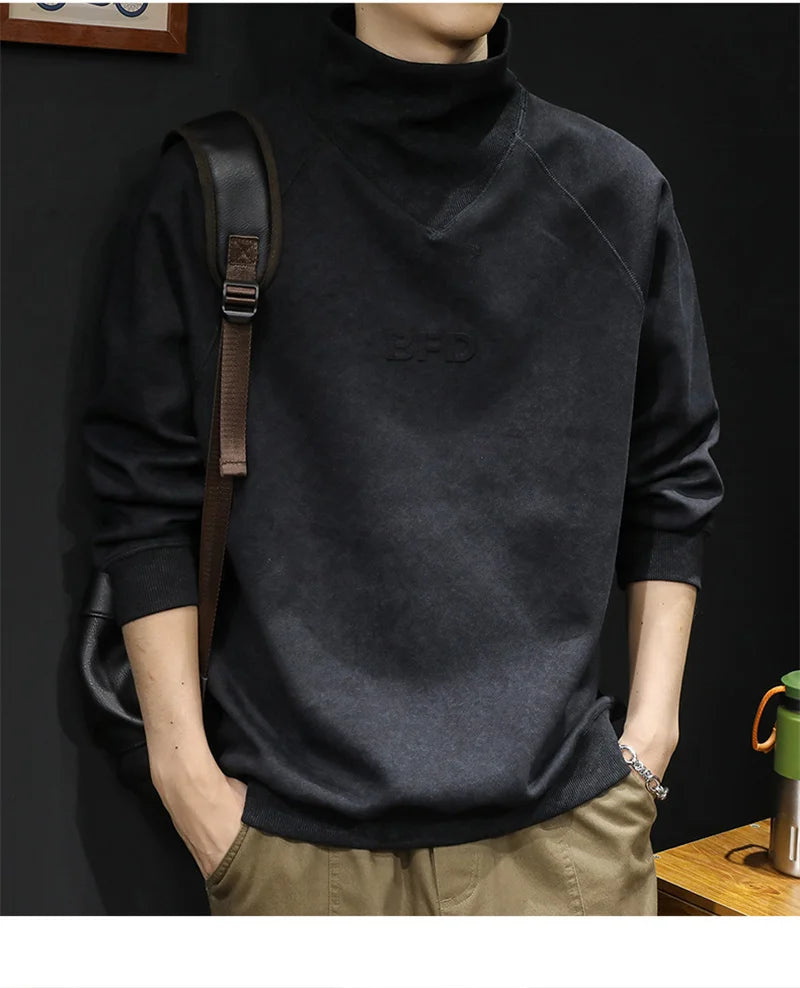 Autumn Suede Turtleneck Long Sleeve Sweatshirts Men Letter Foam Print Patchwork Crewneck Pullover Hoodie Y2K Streetwear Clothes Street King Limited