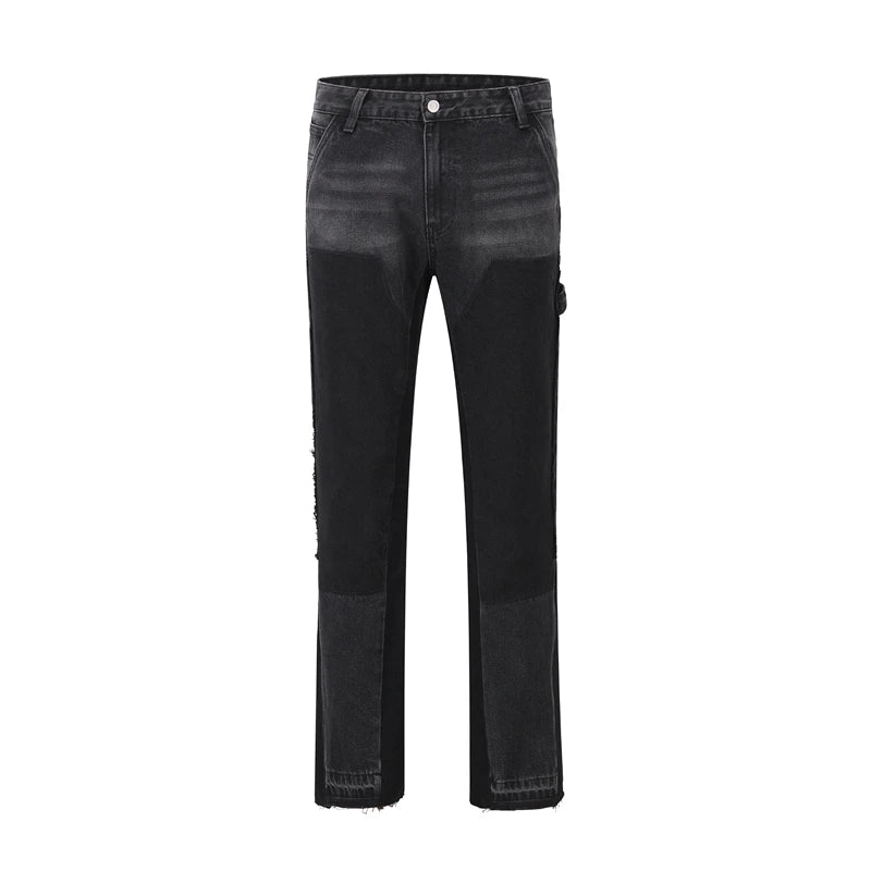 high street patchwork ripped black jeans pants for men straight retro casual sashes pockets denim trousers oversized loose jean unique jeans style 2821