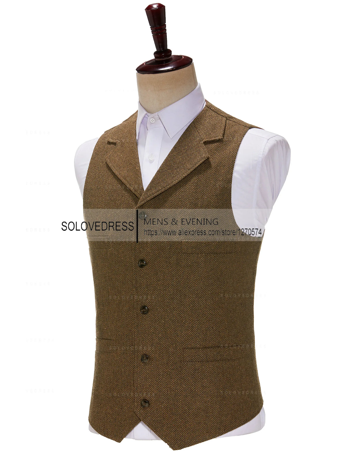 Business Mens Suit Vest Lapel V Neck Wool Herringbone Casual Brown Waistcoat Casual Formal Groomsman Jacket For Wedding Street King Limited
