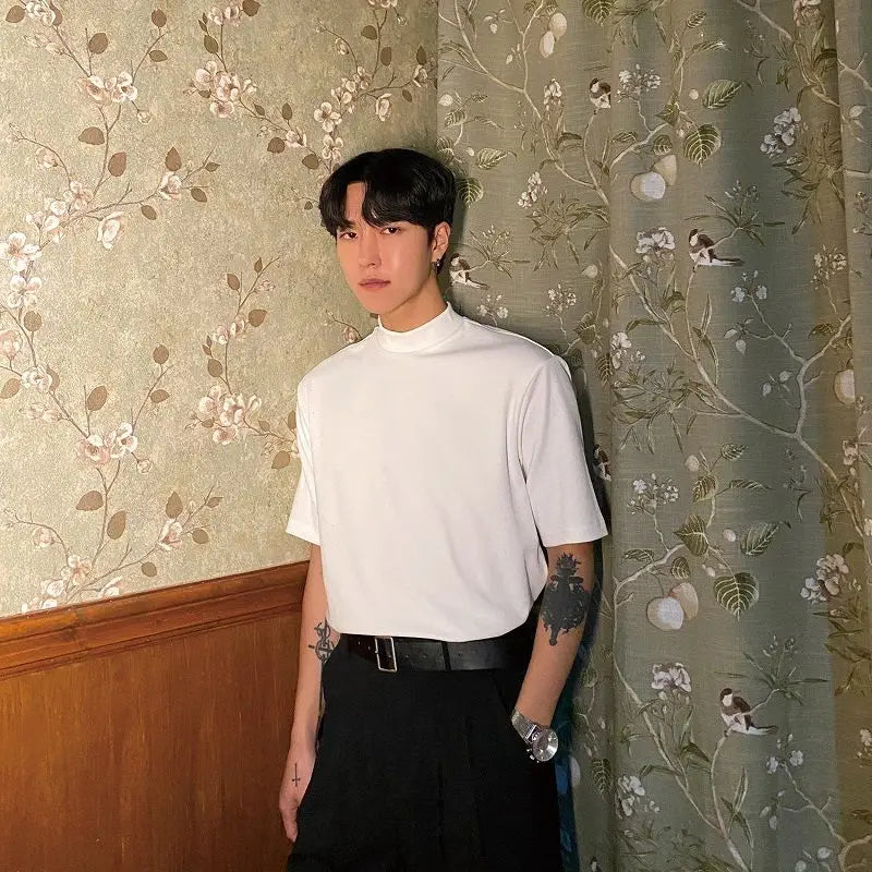 Korean style high-end half turtleneck short-sleeved summer T-shirt for men loose ice-sleeved bottoming shirt y2k trendy ins top Street King Limited