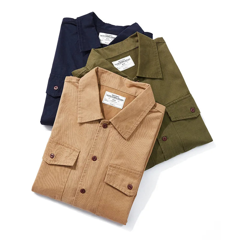 Amekaji Vintage Long Sleeve Cargo Shirt Men Kahki Lapel Multi-pocket Thick Tooling Shirt Autumn Engineer Workwear Cardigan Tops Street King Limited